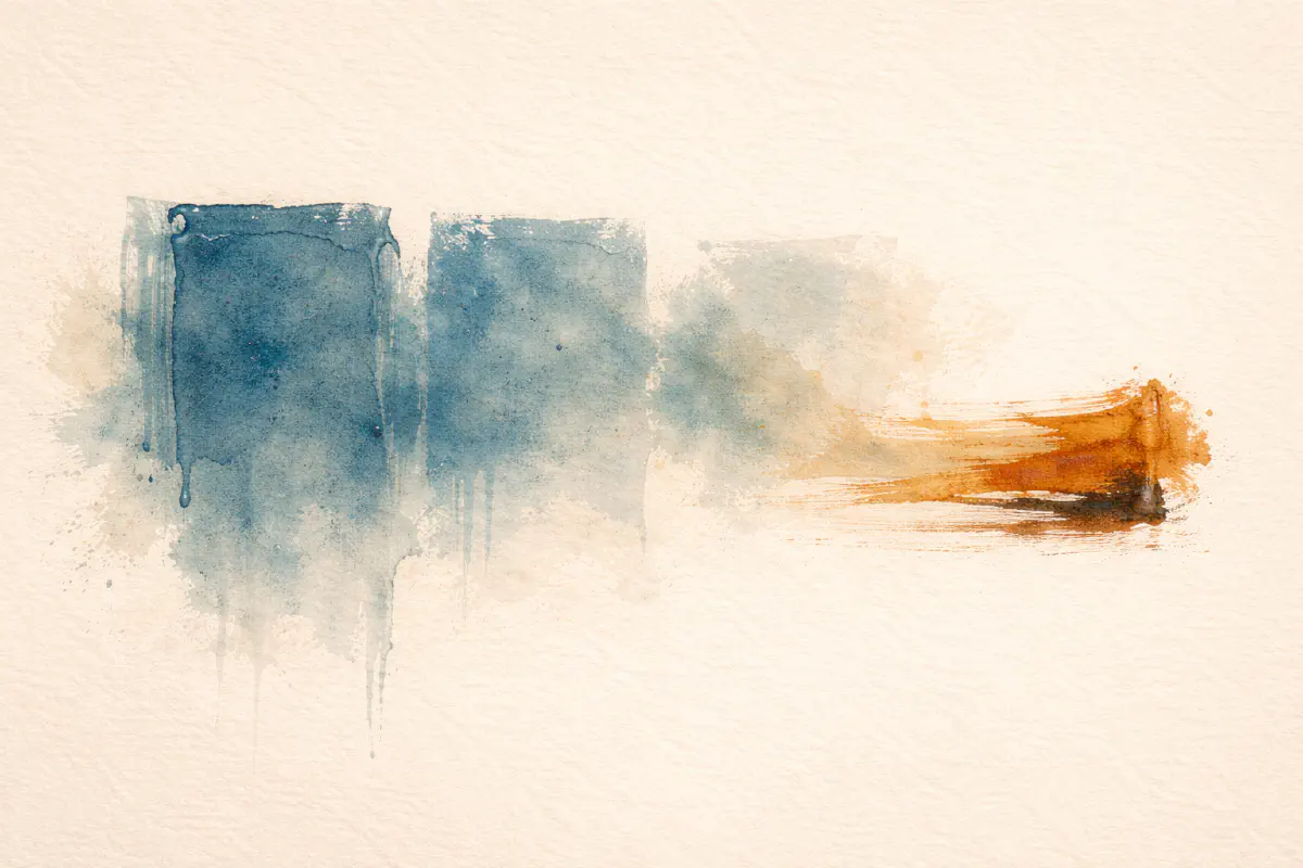 Abstract painted figure placing an anchor mark on a surface with fading forms behind and clear space ahead, representing context preservation across sessions on a warm background