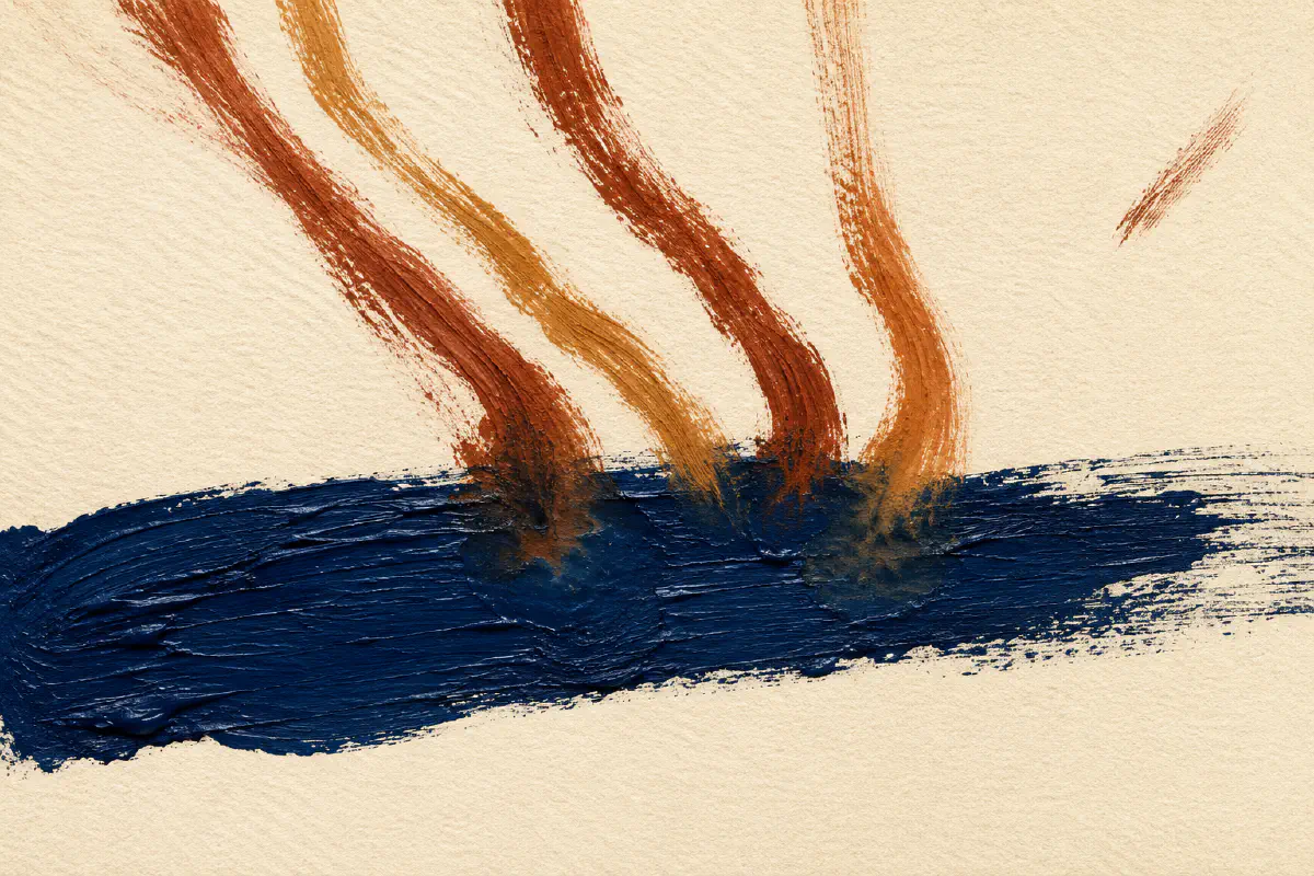 Abstract painted composition of several diverging brushstrokes merging into a single thick trunk line on a warm background