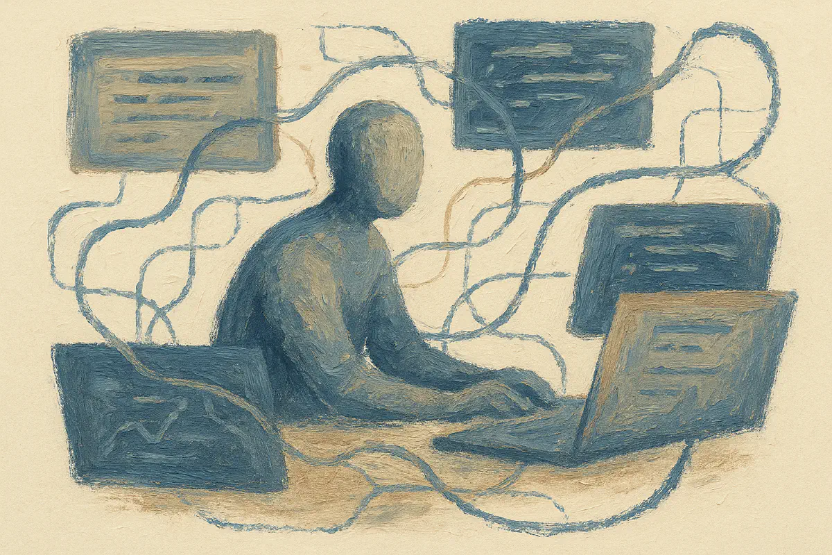 Abstract painted figure working across multiple screens representing full-stack development capability on a warm background