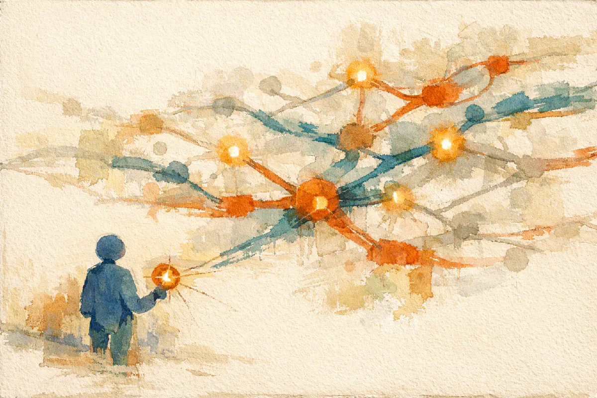 Abstract painted figure before a branching network of nodes and pathways on a warm background