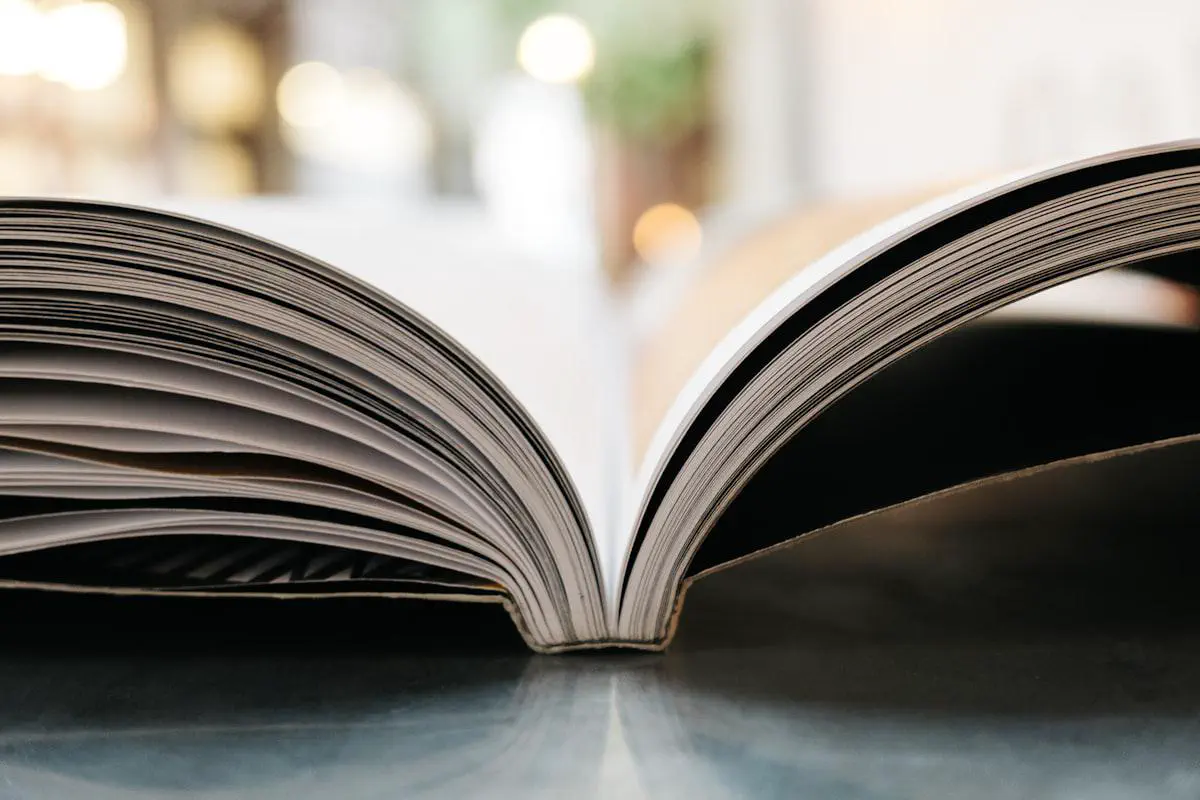 A single open book resting on a dark table with its pages fanned open, photographed against a soft, brightly lit blurred background.