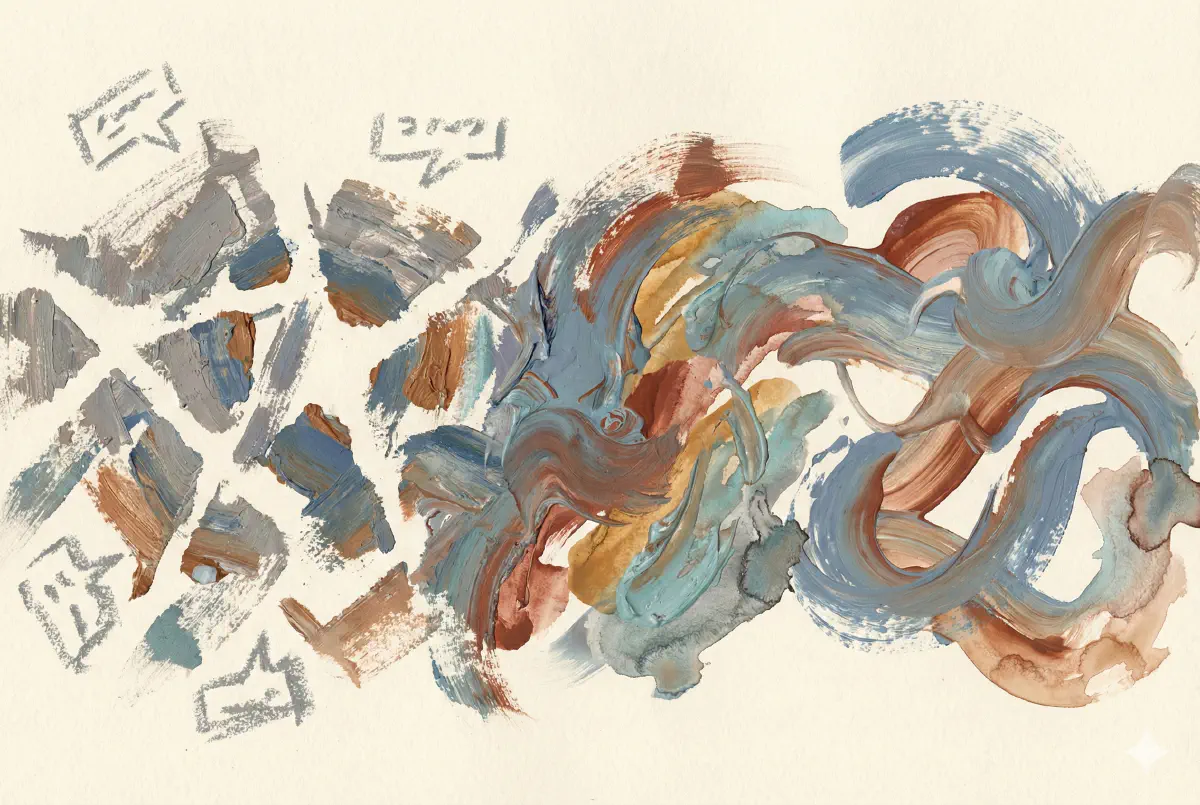 Abstract painted composition showing fragmented disconnected forms transitioning to smooth flowing connected brushstrokes on light background