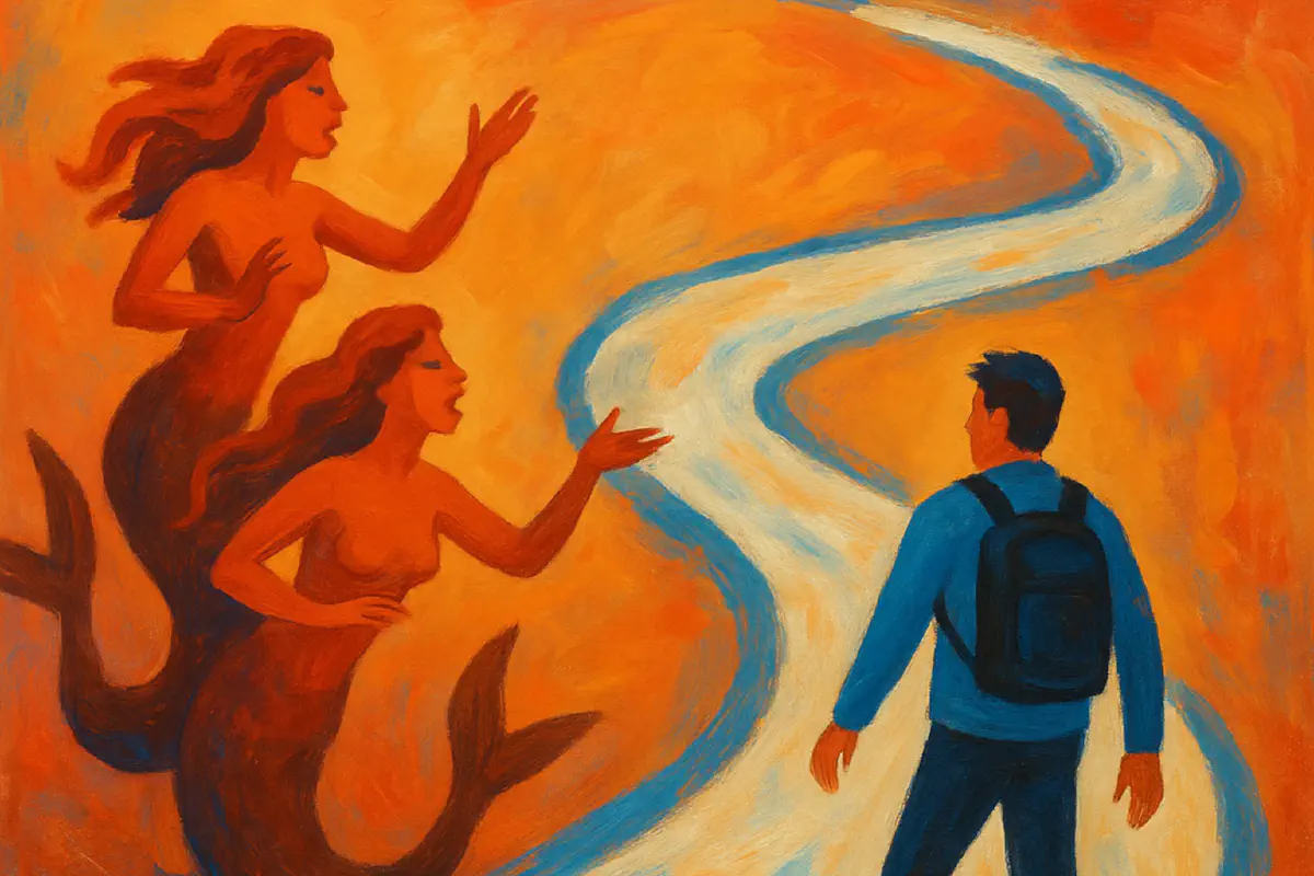 Abstract painted path with a developer trying to avoid the sirens of sales pitches on a warm background