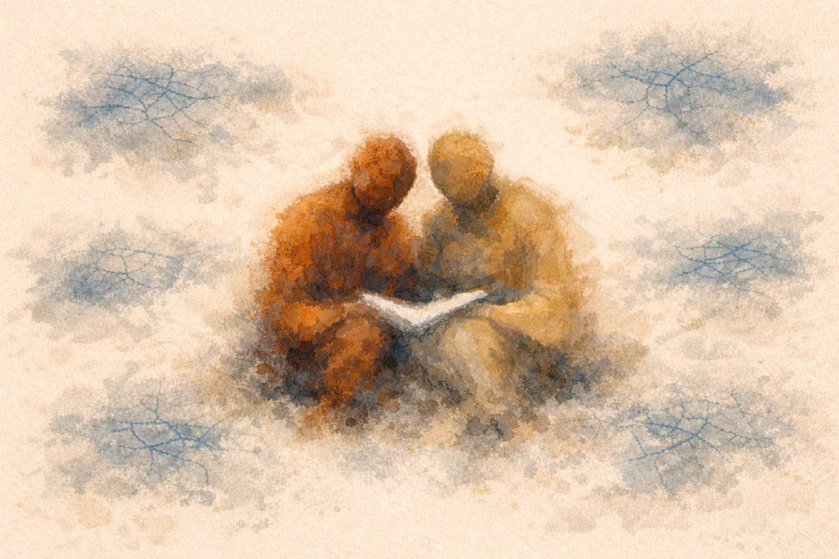 Two abstract painted figures sitting together reading from a shared page, surrounded by faint scattered map-like forms on a warm background
