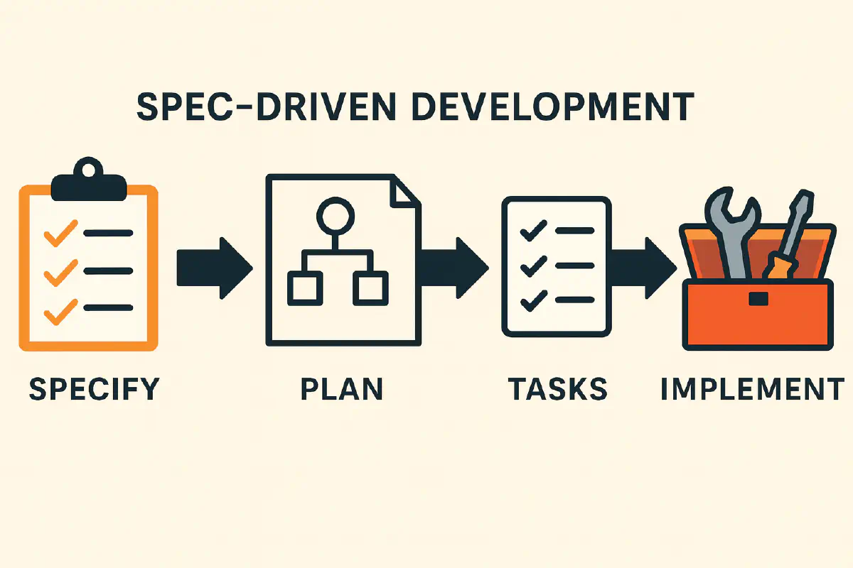 Spec-Driven Development workflow showing four stages: Specify, Plan, Tasks, and Implement with icons for each step