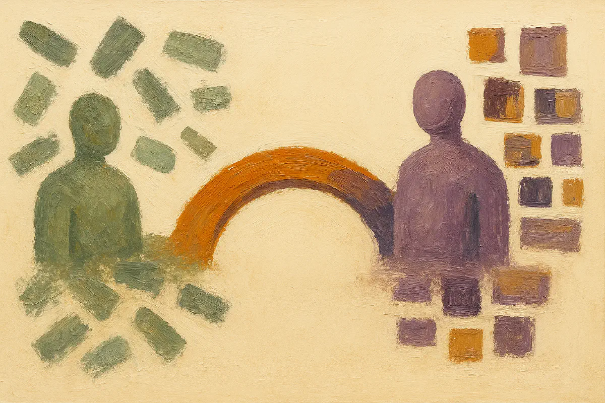 Abstract painted bridge connecting two distinct areas representing breaking down silos and building connections across teams on a warm background