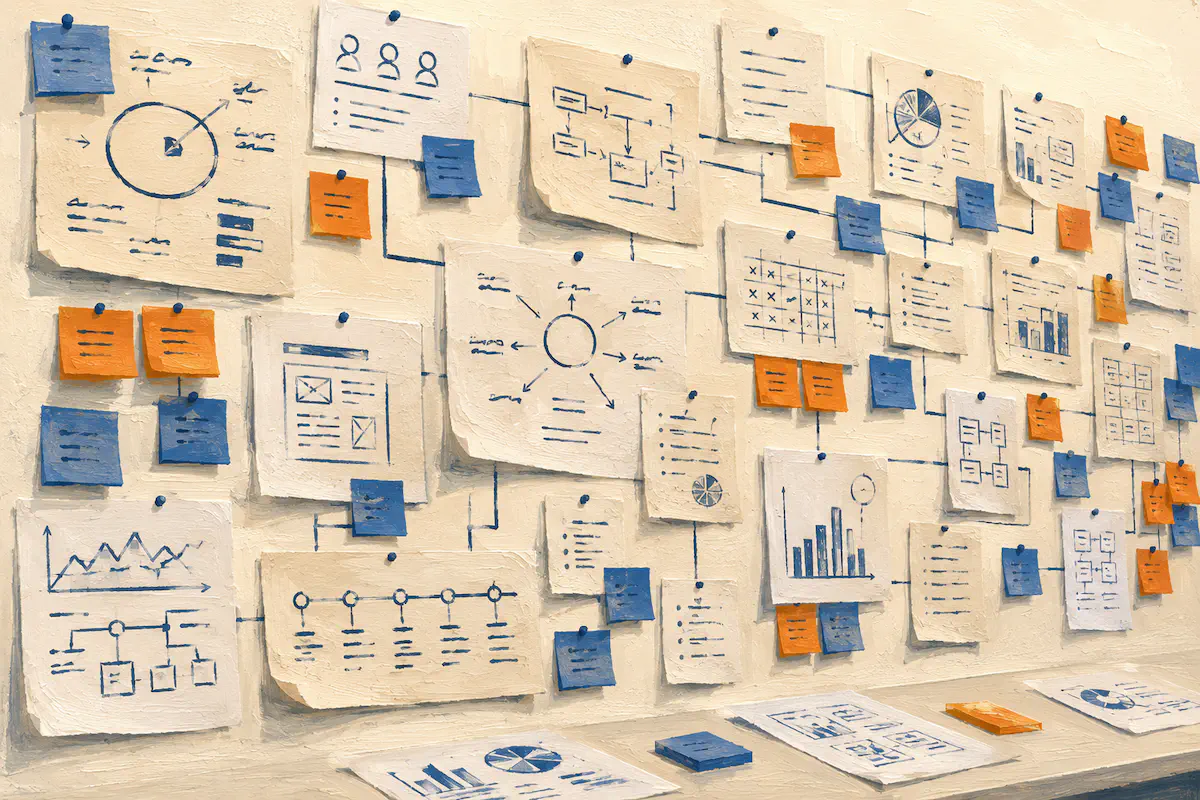 Painterly planning wall covered with layered papers, loose diagrams, connecting lines, and sticky notes.