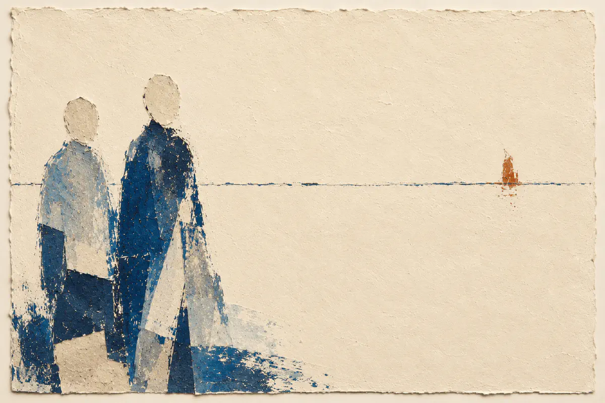 Two painted figures point toward a distant horizon while a third quietly steps back, the path between them deliberately unmarked