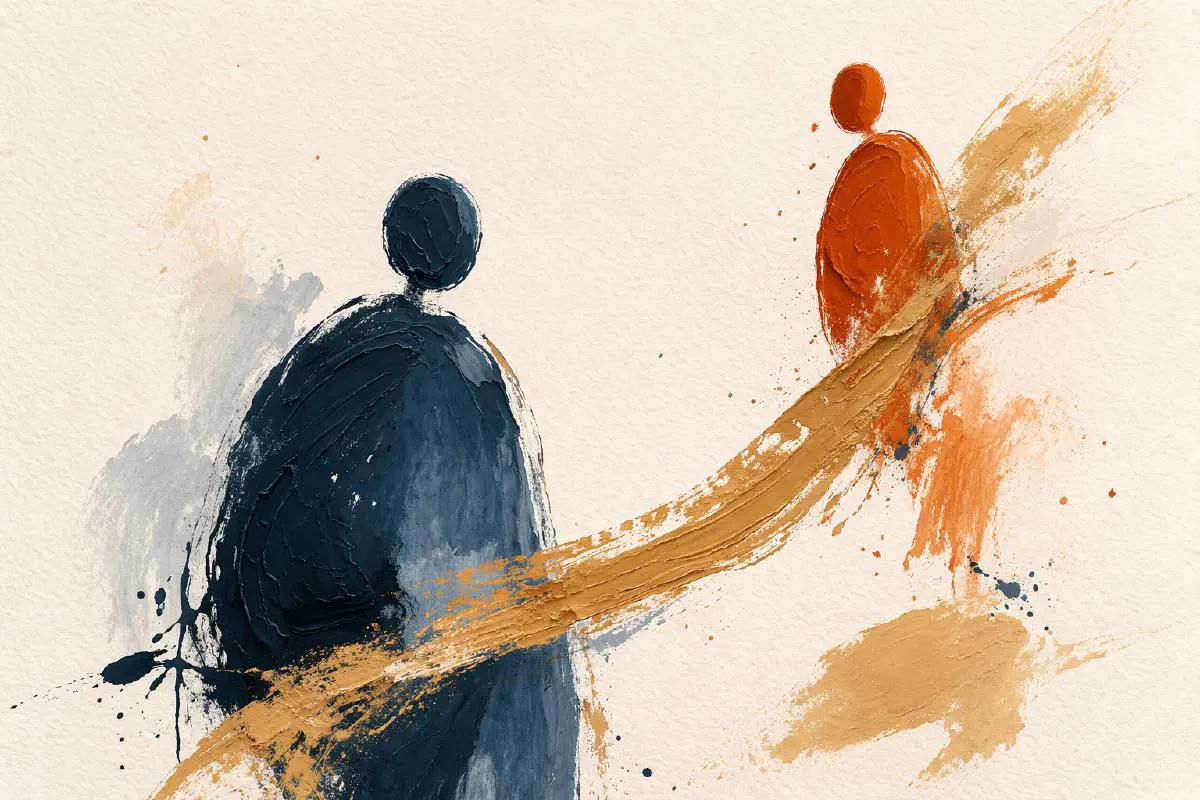 Two abstract painted figures on a warm alpaca background, with a larger form guiding a smaller rising shape to suggest growth.