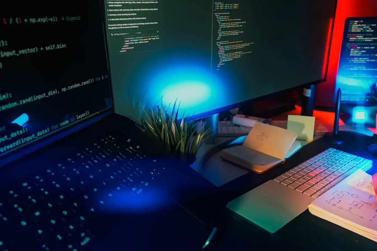 A dim nighttime desk with a laptop and monitor displaying code, lit by blue and red ambient light, a notebook of hand-drawn diagrams beside the keyboard.